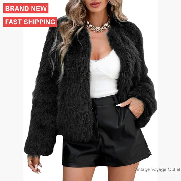 Cropped Faux Fur Jacket Women Long Sleeve Pockets Shaggy Winter Coat